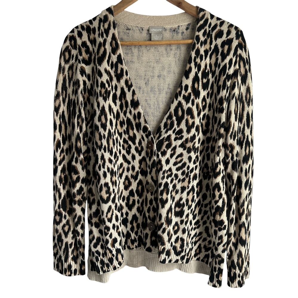 Chico’s Women’s Size Medium Linen Cotton Blend V Neck‎ Animal Print Cardigan